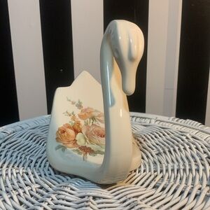 Vintage 1982 80s Retro Swan Figurine with Floral Design Soap Dish / Shelf Decor